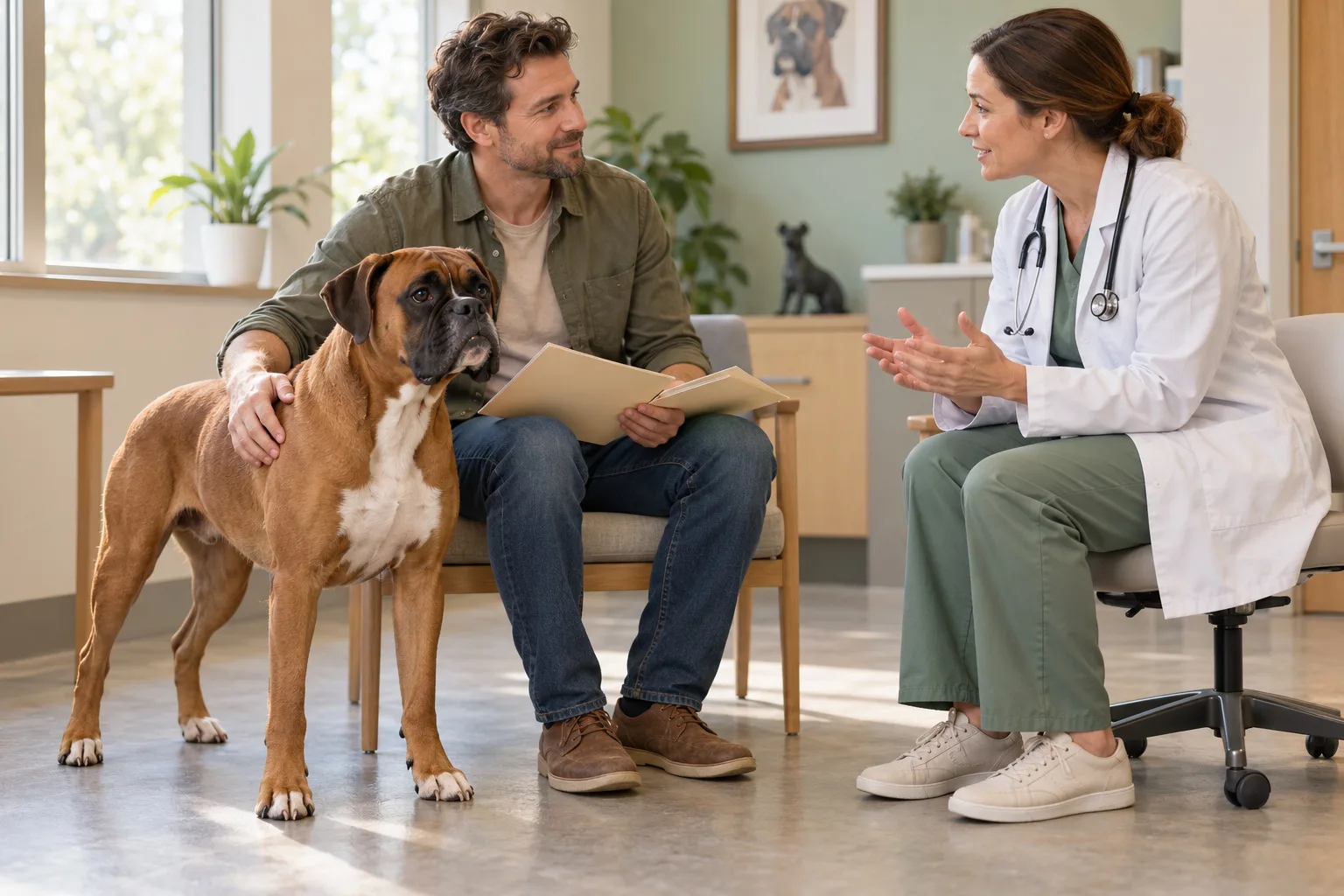 Boxer beside an owner holding folders during a veterinary conversation
